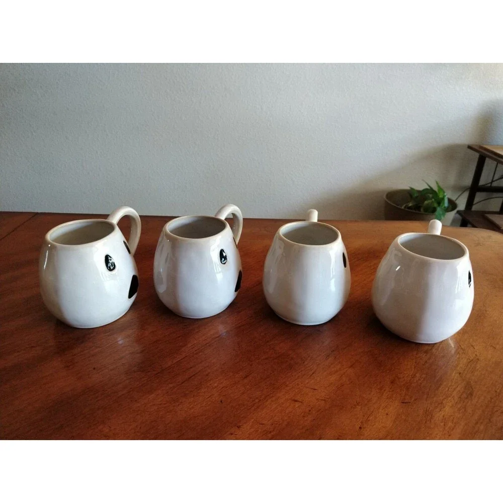 Lot 4x Vintage Pottery Barn Ghost Coffee Tea Mugs Halloween First Edition White